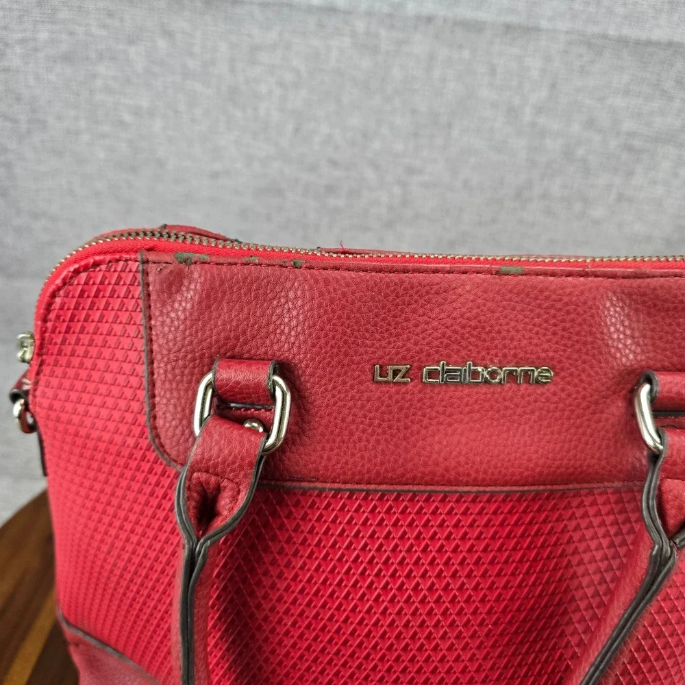 Liz Claiborne Red Satchel Handbag Geometric Embossed Faux Leather Top Handle Bag